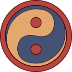 A blue and red yin yang symbol
Description automatically generated